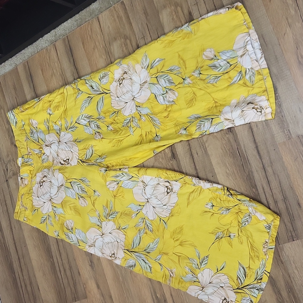 NICOLE MILLER Yellow Linen Tropical Floral Pocket Wide Leg Crop Pull-On Pant - Picture 5 of 12